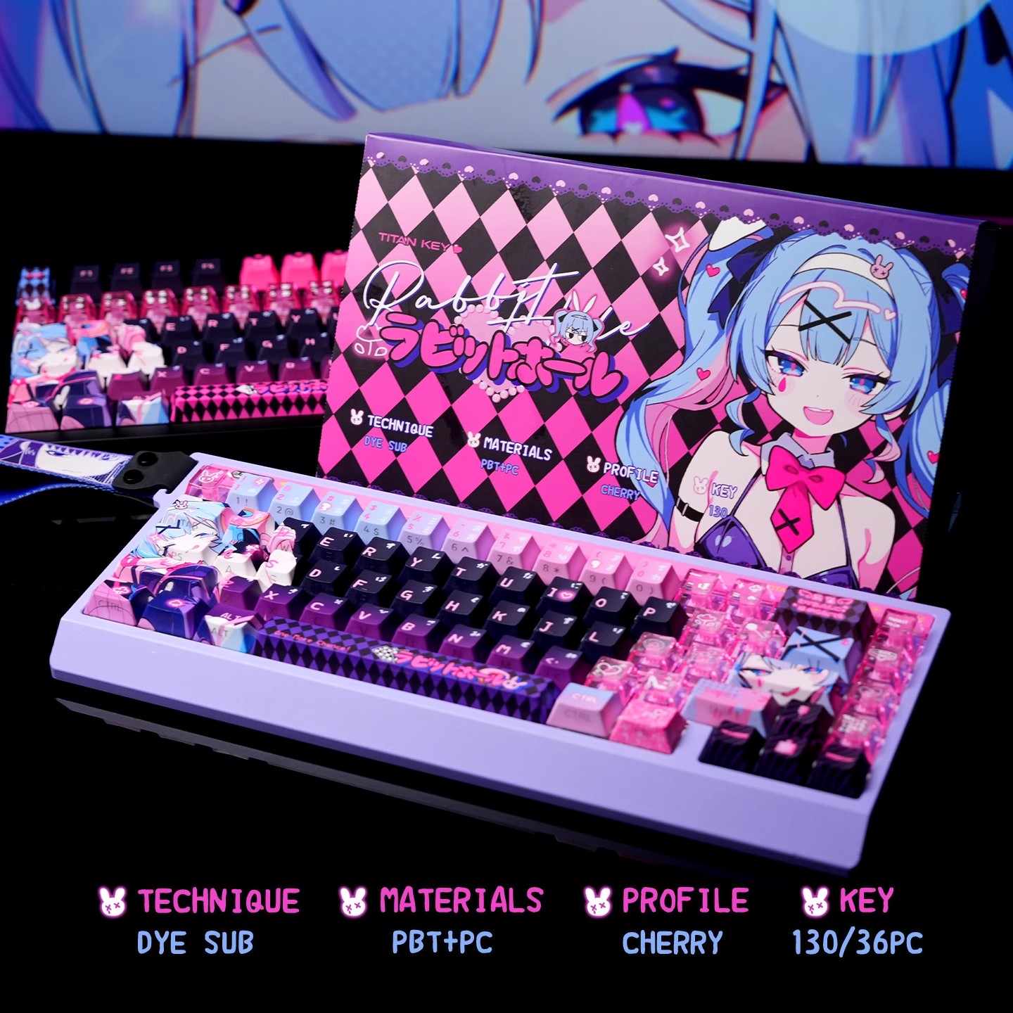 Keycap Artisan Anime - アニメラビットホールテーマカスタムキーキャップセットかわいいPBT PC半透明チェリープロファイルメカニカルキーボード用ゲームギフト