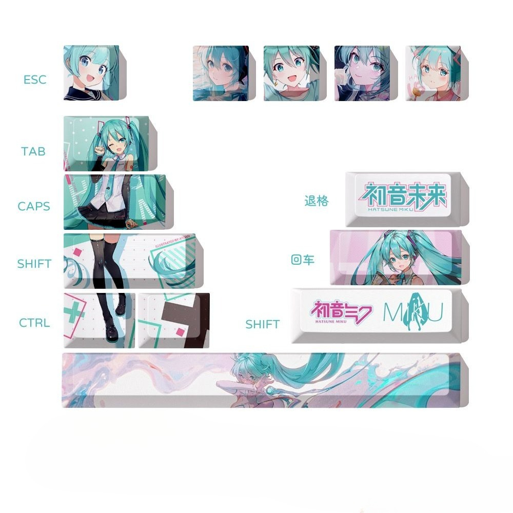 Keycap Artisan Anime - 初音ミクキーキャップ、OEM高さPBT染料昇華メカニカルキーボードキーキャップ、アニメデスクデコレーションギフト