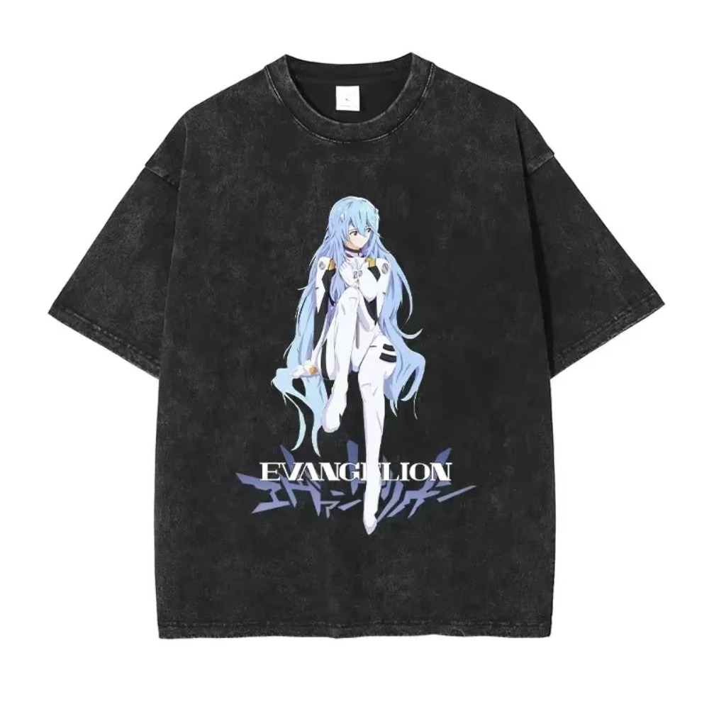 Anime Merchandise For Women - 特大メンズ Tシャツ服 EVA アニメストリートブランドヴィンテージウォッシュド女性半袖 Tシャツカジュアルトップス夏ヒップホップ