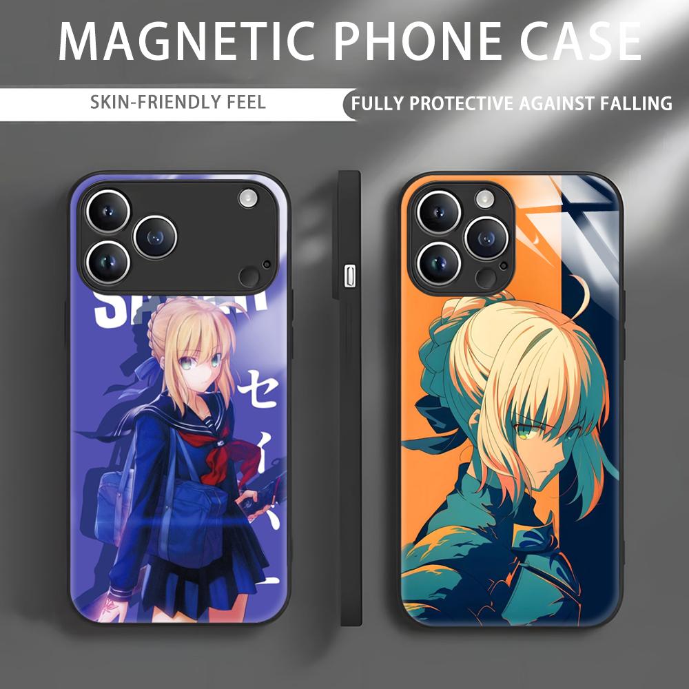Phone Case Anime - アニメ「Fate」Saberのスマホケース iPhone 17、16、e、15、14、13、12、11、X、XR、XS、Plus、Mini、Pro、Max対応 ガラス製マグネット式スマホケース